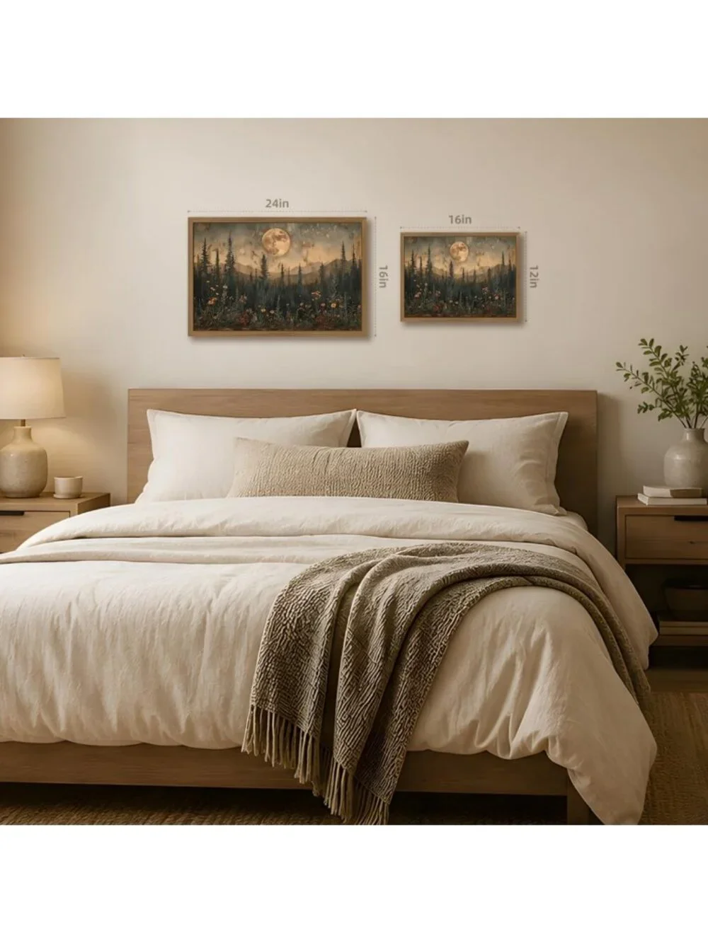 Rustic Forest Landscape Wall Art, Vintage Moon Pine Tree Canvas Print 16x24